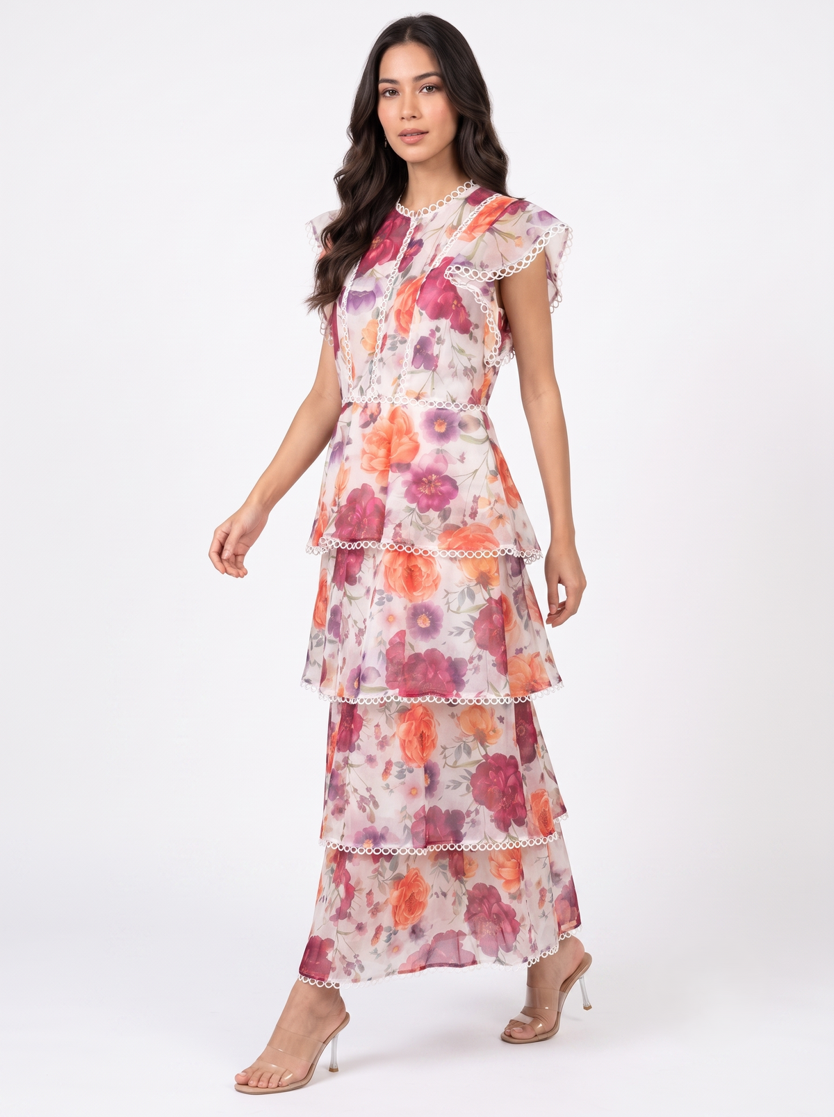 Floral Print Organza Maxi Dress