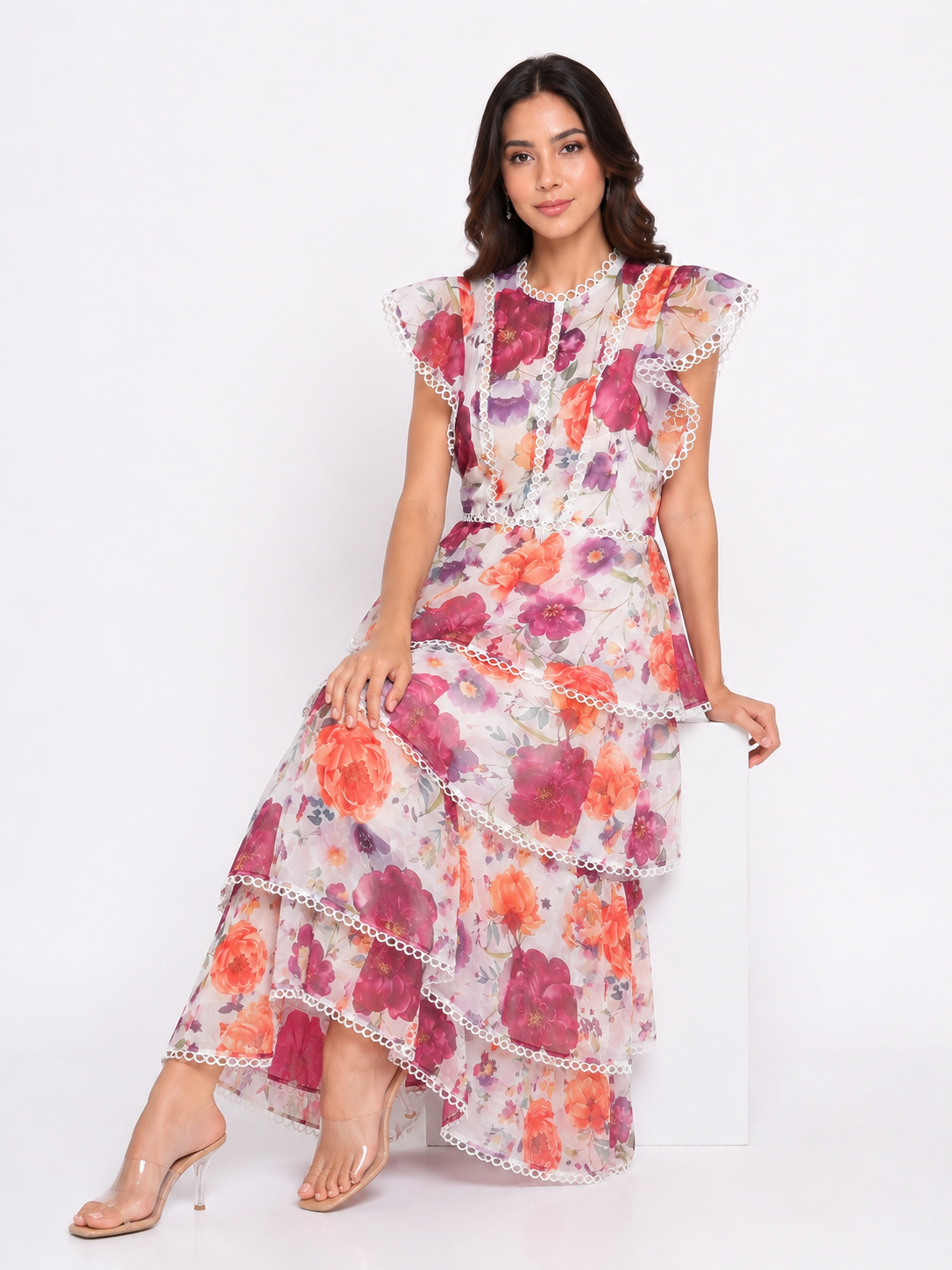 Floral Print Organza Maxi Dress