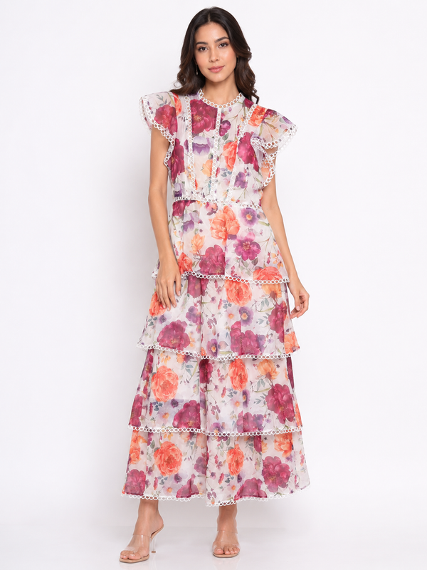 Floral Print Organza Maxi Dress