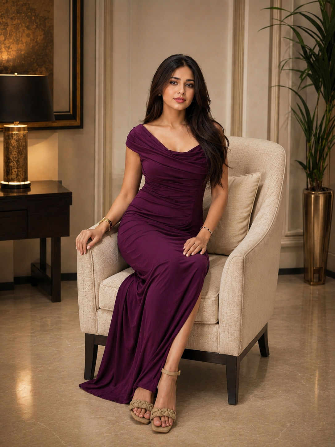 Wine Lycra Bodycon Long Dress