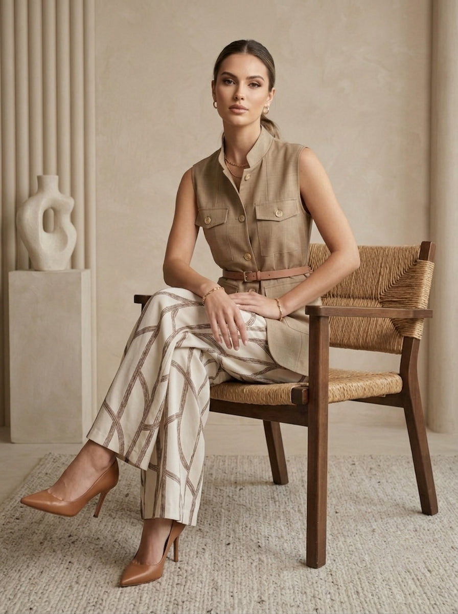 Linen Utility Vest With Printed Palazzo Pants