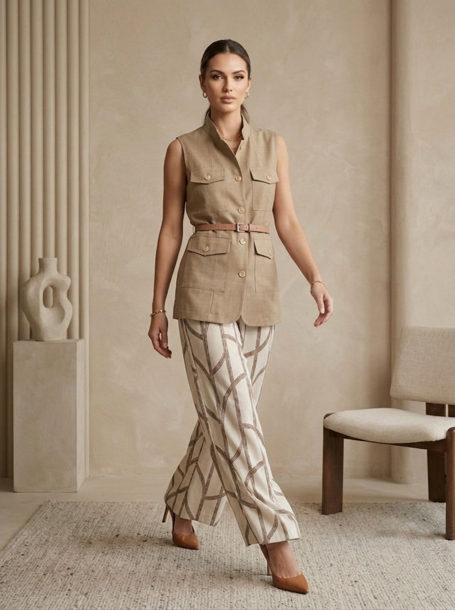 Linen Utility Vest With Printed Palazzo Pants