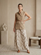 Linen Utility Vest With Printed Palazzo Pants