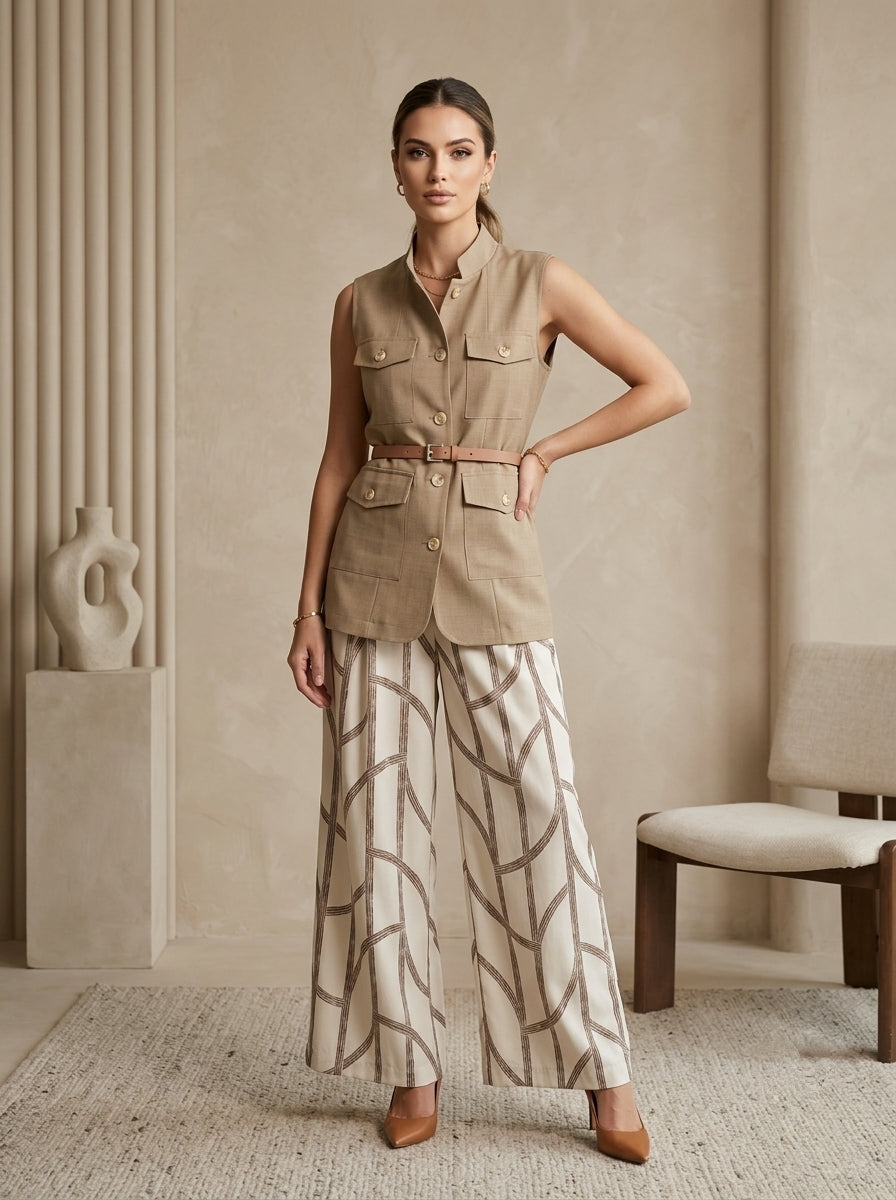 Linen Utility Vest With Printed Palazzo Pants