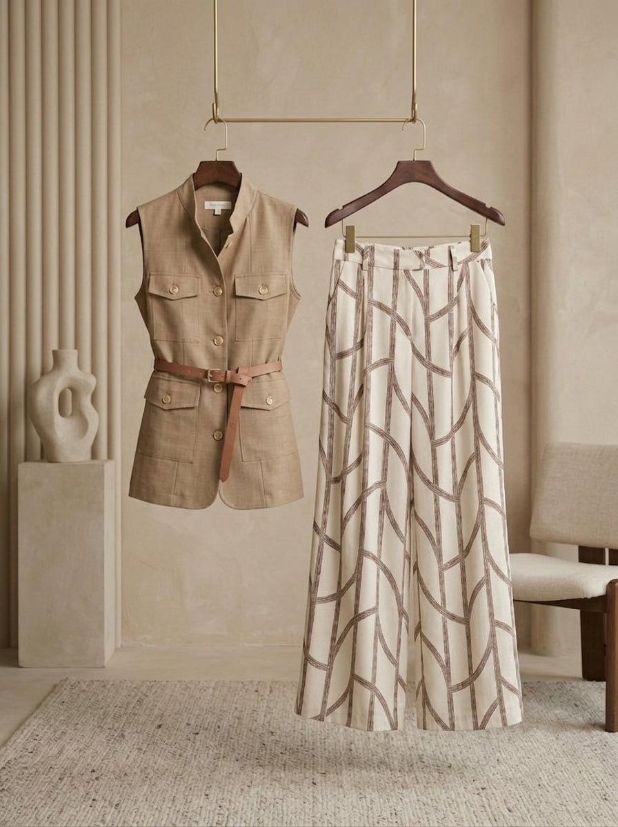 Linen Utility Vest With Printed Palazzo Pants