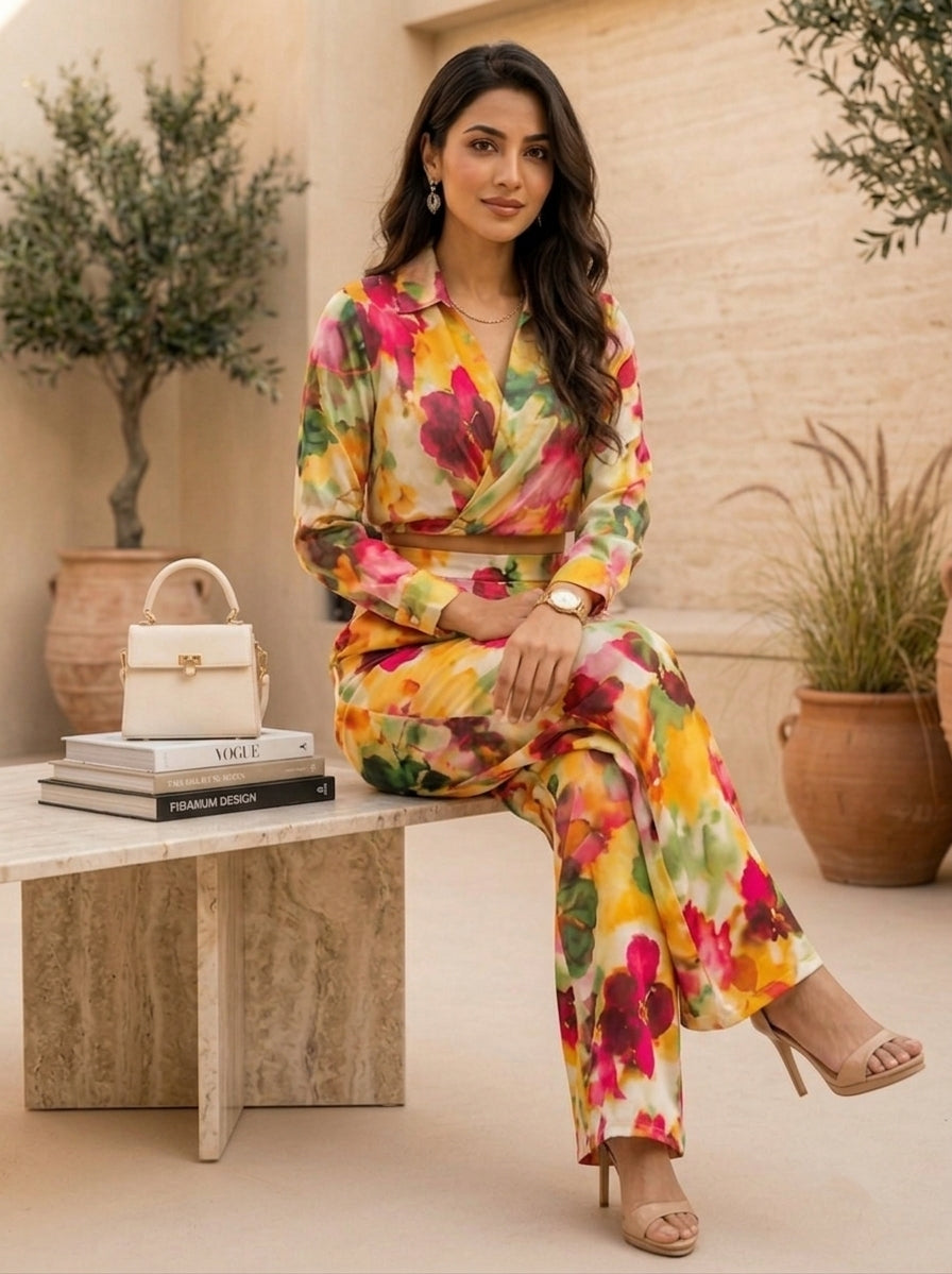 Floral Print Poly Satin Cord Set