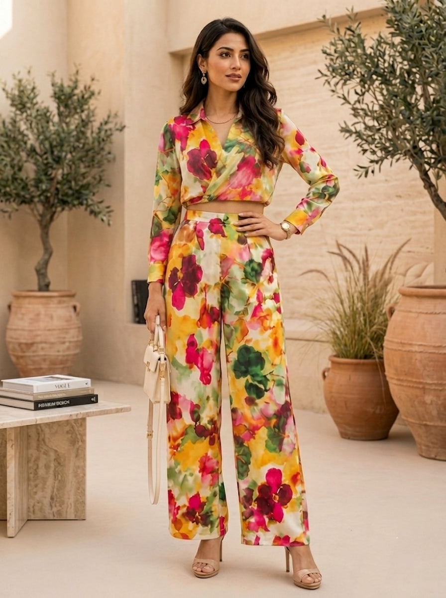 Floral Print Poly Satin Cord Set