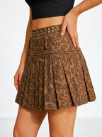 Leopard Print Suede Pleated Mini Skirt