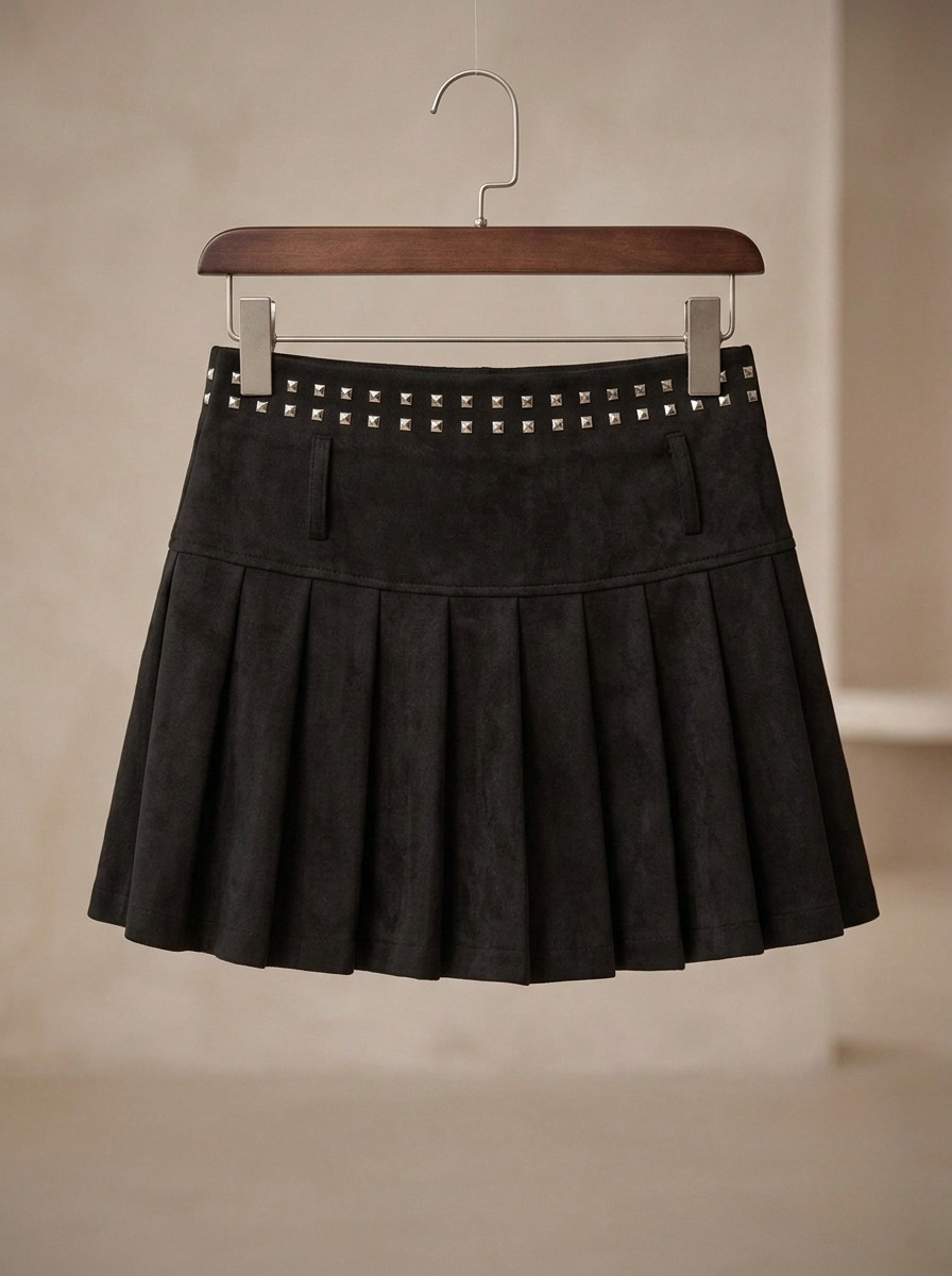 Studded Suede Pleated Skirt