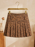 Leopard Print Suede Pleated Mini Skirt