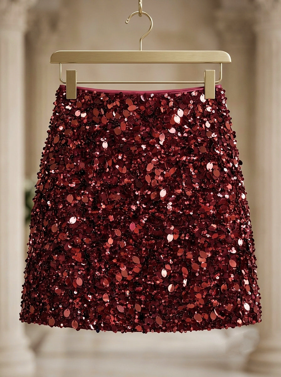 Maroon Embellished Mini Skirt